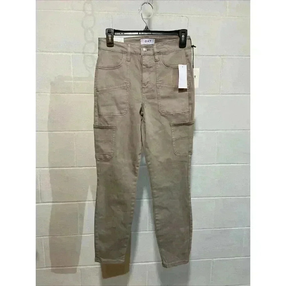 OAT New York Women High Rise Skinny Ankle Jean Tan Stretch Utility Cargo Pockets - Picture 1 of 10